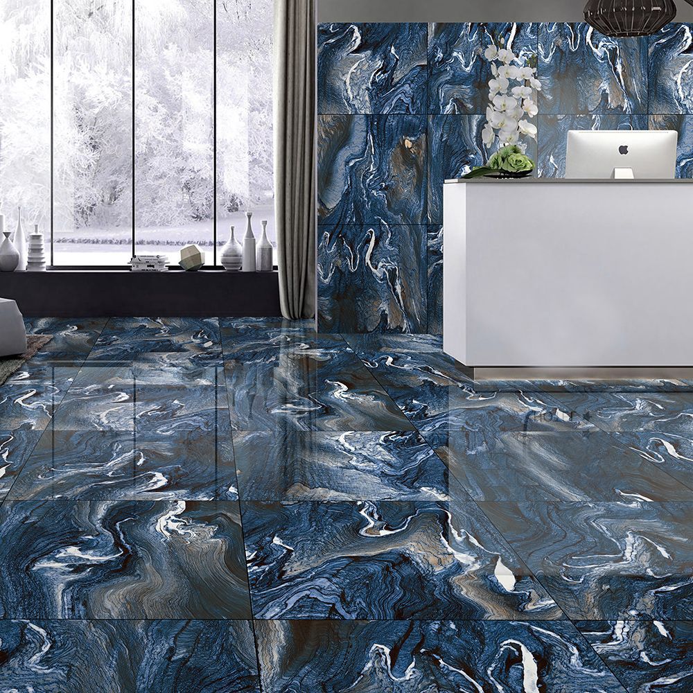 Azul Blue High Gloss Porcelain Floor Tile 600x1200mm – Marble Effect