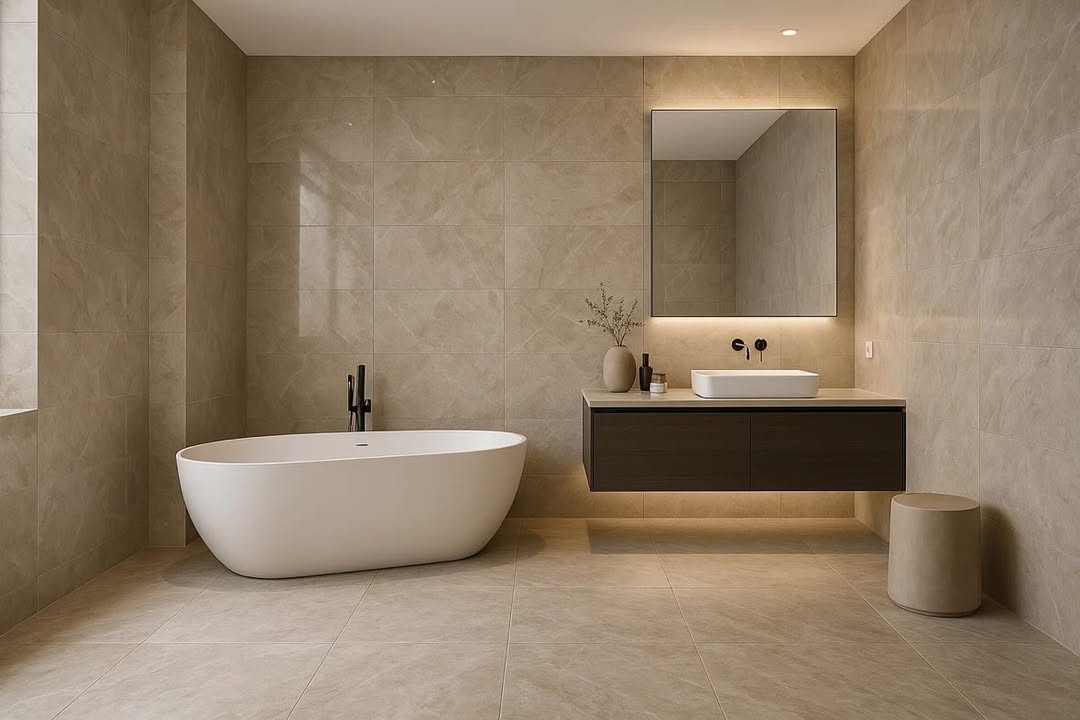 Modern bathroom with a freestanding bathtub and vanity unit.