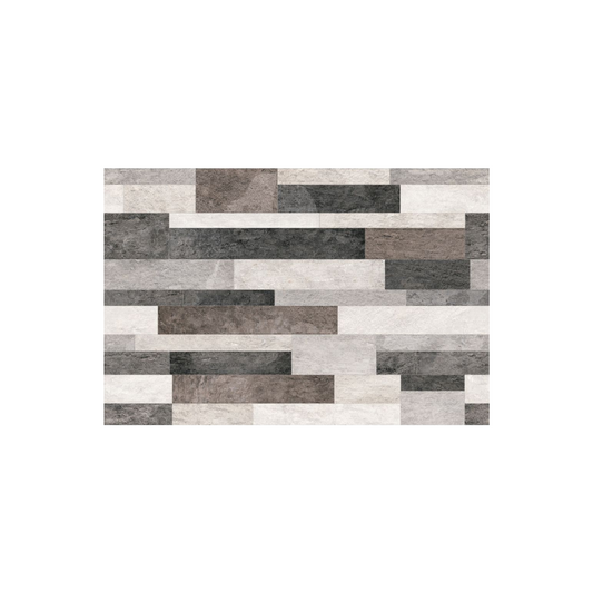 Rectangular patchwork rug with a mix of brown, gray, and beige colors on a white background
