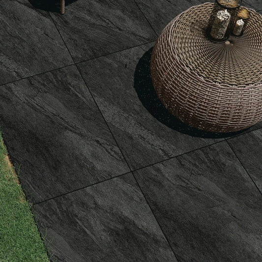 Black Stone Outdoor Porcelain Tile 600x900x20mm – Textured Finish