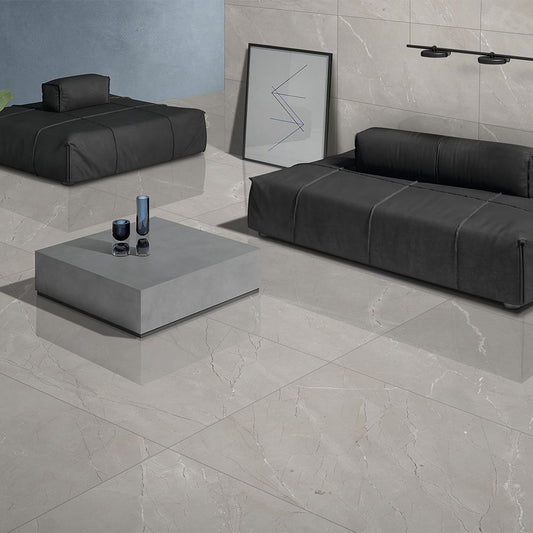 Mid Grey Glossy Floor Tile 600x1200mm – Polished Porcelain Marble Effect