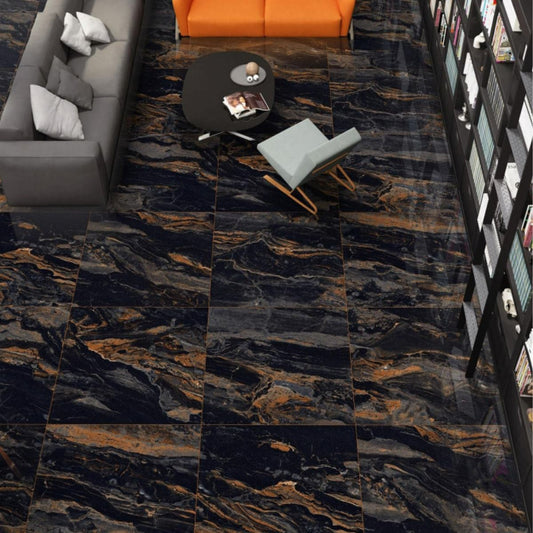 Modern Black Marble Effect Gloss Porcelain Floor Tile 600x600mm
