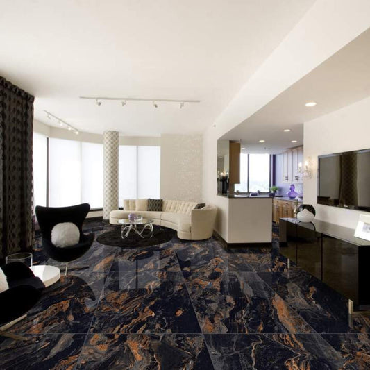 Elegant Black Glossy Marble Effect Porcelain Tile 600x1200mm